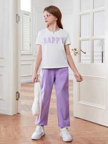 青少女字母印花圓領T恤和心形鬆身長褲套裝，帶有彈性口袋 - 彩色 - 查看 6