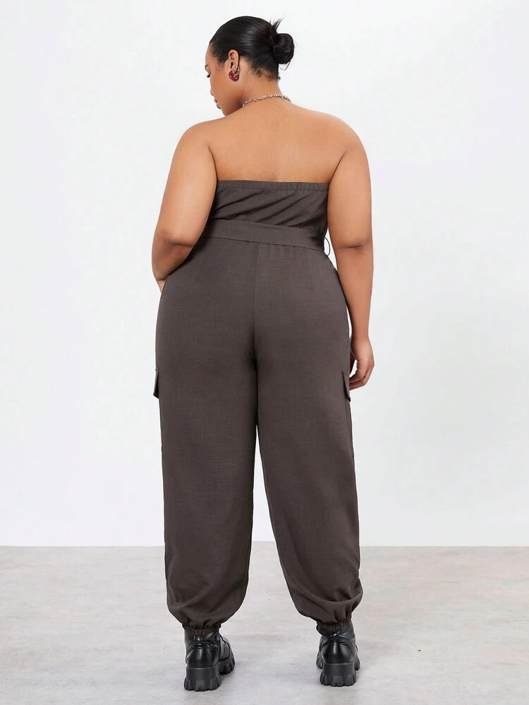 Plus Size Solid Color Strapless Jumpsuit With Slanted Pockets