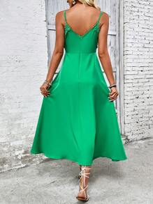 SHEIN VCAY Patchwork Lace V-Neck Spaghetti Strap Dress - Green - View 2