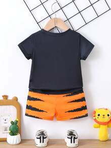 Baby Boy Cartoon Tiger Printed Top With Color Block Shorts Set - Black - View 2
