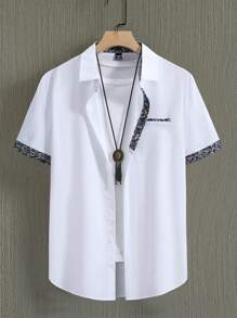 Manfinity Homme Men's Patchwork Ditsy Floral Print Short Sleeve Shirt , Button Up Color Block All White Casual Boyfriend Gift White Shirt For Menwhite Shirts For Menwhite Top For Men