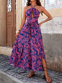 Breezaya Women's Floral Print Halter Neck Dress - Purple - View 5