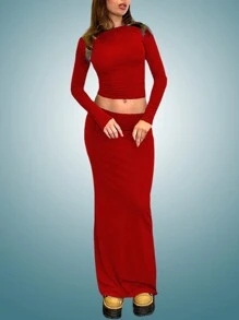 INAWLY 女士圓領長袖修身上衣和裙子,2件套裝 - 紅色 - 查看 4