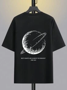Men's Interesting Planet Print Short Sleeve Oversized T-Shirt Round Neck - Black - View 3
