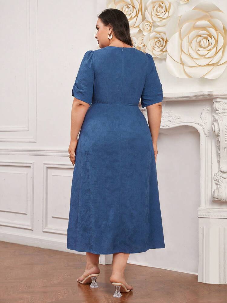 Plus Size Women's Round Neck Short Puff Sleeve Dress Long Evening Dresses