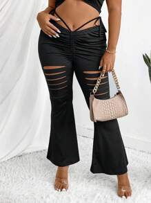 Allurite Plus Size Women's High-Waisted Ruched Ripped Pants