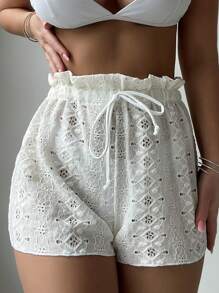 SHEIN Swim 蕾絲紙袋腰短褲 - 白色 - 查看 1
