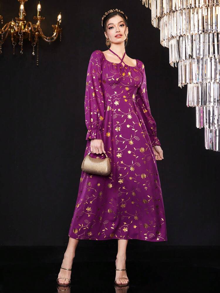 Women's Floral Print Halter Trumpet Sleeve Dress In Gold Long Evening Dresses Fall Cloth For Women