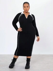 Forever 21 Kích thước lớn Khối màu Cổ chữ V Phù hợp Tay áo dài Đầm - màu đen - Xem 4