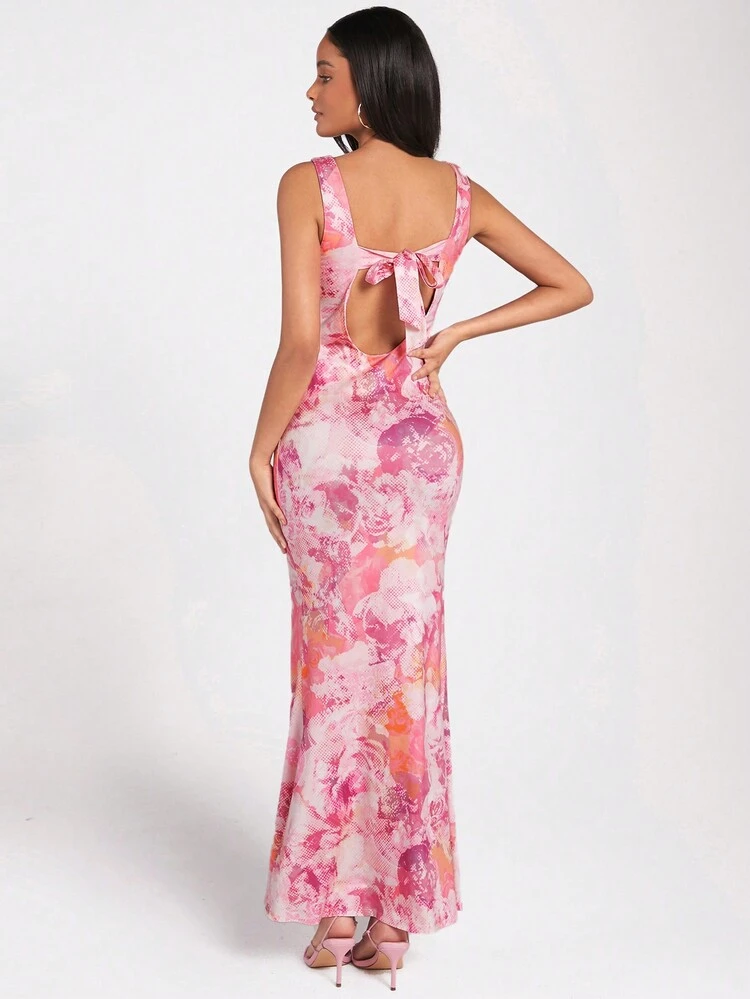 Floral Print Knitted Dress With Sexy Open Back And Mermaid Hem