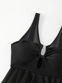 Swim Lushoire Mesh Spliced V-Neck Tankini Swimwear Set Summer