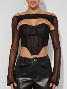 SHEIN Haute Off Shoulder Mesh Contrast Hollow Out Top - Black - View 7