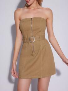 Forever 21 Women's Front Zipper Design Strapless Dress - Khaki - View 2