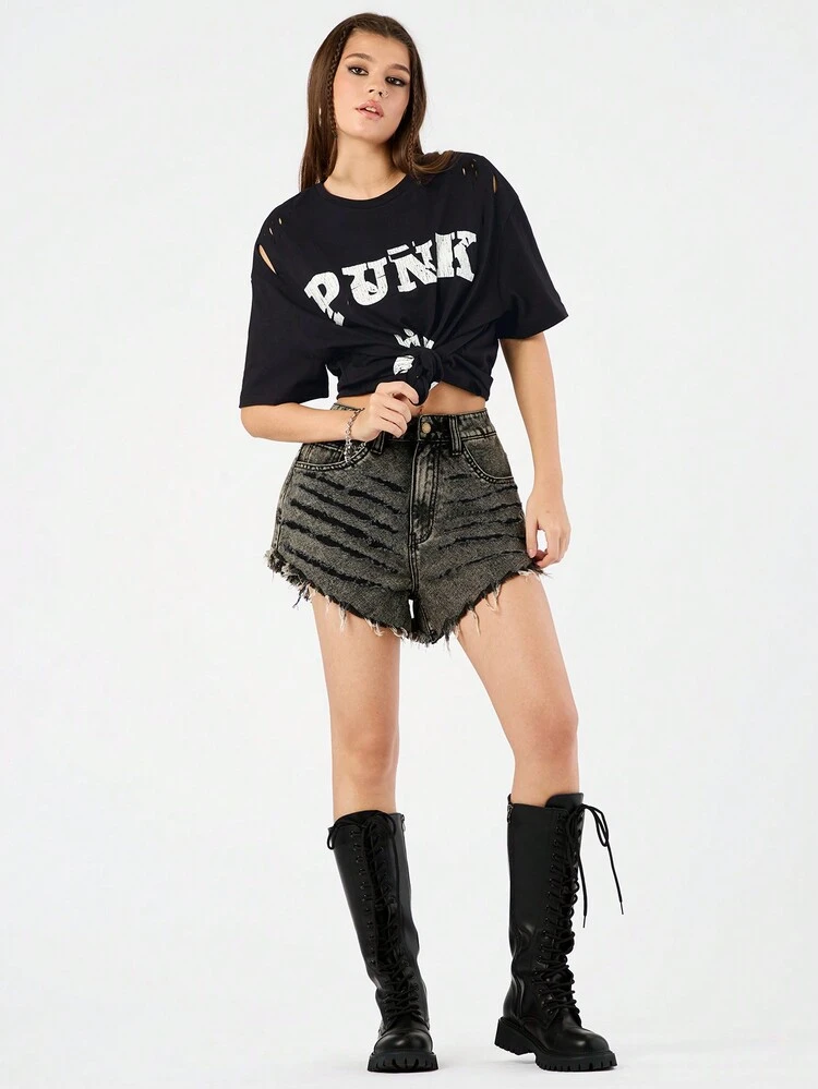 Women's Slogan And Star Print Distressed Detail T-Shirt