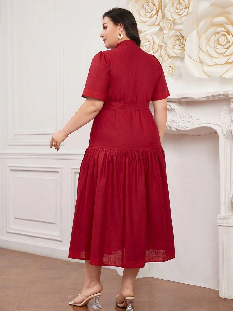 Burgundy Red Plus Size Solid Color Stand Collar Pleated Dress Long Evening Dresses