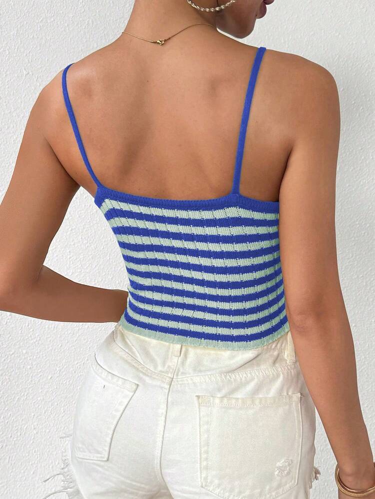 Stripe Twist Knot & Hollow Out Design Knitted Cami Top