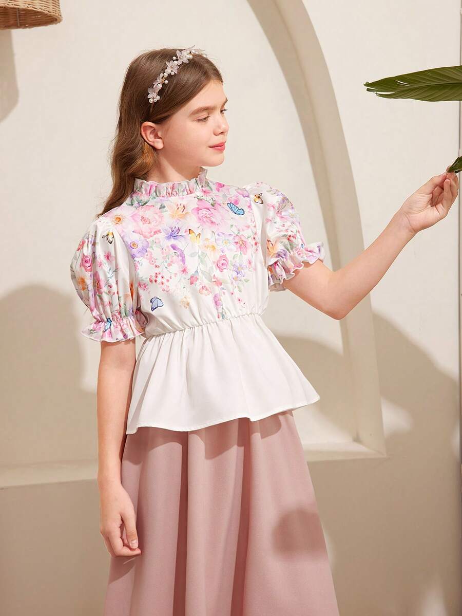 SHEIN Áo sơ mi ngắn tay kiểu dáng thường ngày cho bé gái tuổi teen, họa tiết hoa, viền bèo nhún và cổ đứng, thích hợp cho mùa xuân và mùa hè. - trắng - Xem 1