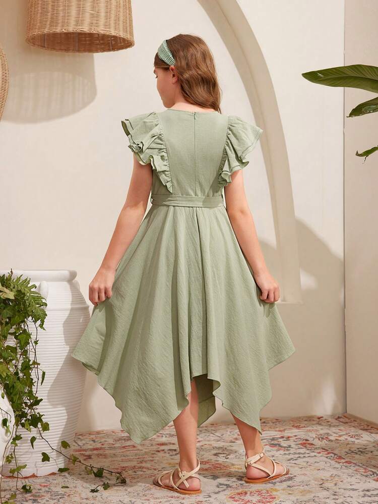 Tween Girls' Casual And Daily Wear Spring/Summer Solid Color Woven V-Neck Long Dress With Ruffle Hem