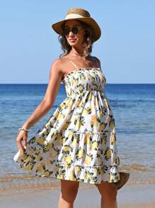 SHEIN Maternity Lemon Printed Ruffle Hem Spaghetti Strap Dress Sun Dresses - Yellow - View 4