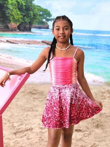 Tween Girls' Ombre Ruffle One-Piece Swimsuit With Glitter Effect Printed Kimono Cover-Up Skirt Summer Swimming,Beach - Multicolor - View 4