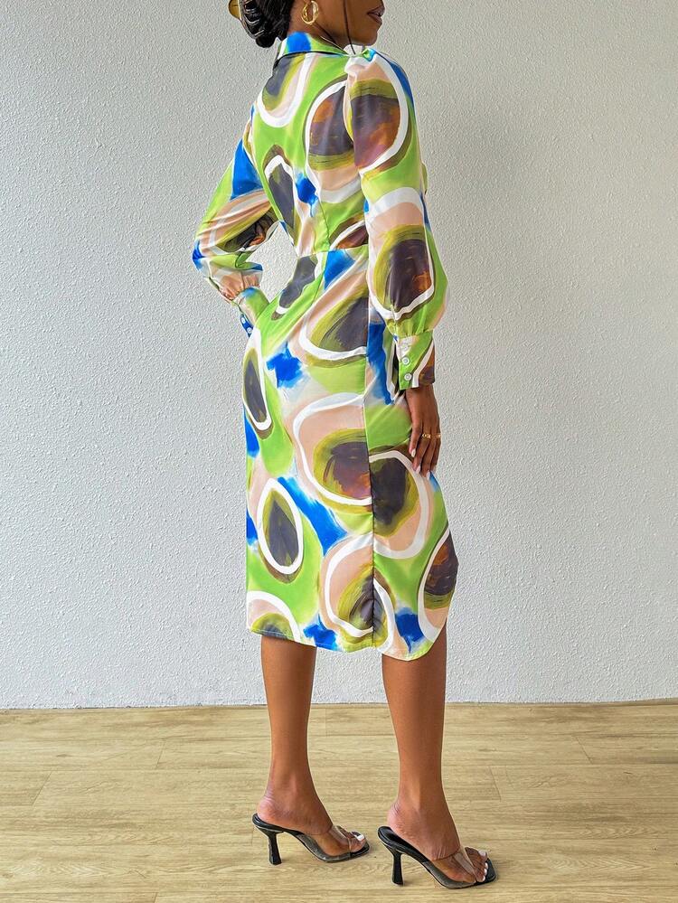 Color-Block V-Neck Slim Fit Long Sleeve Dress