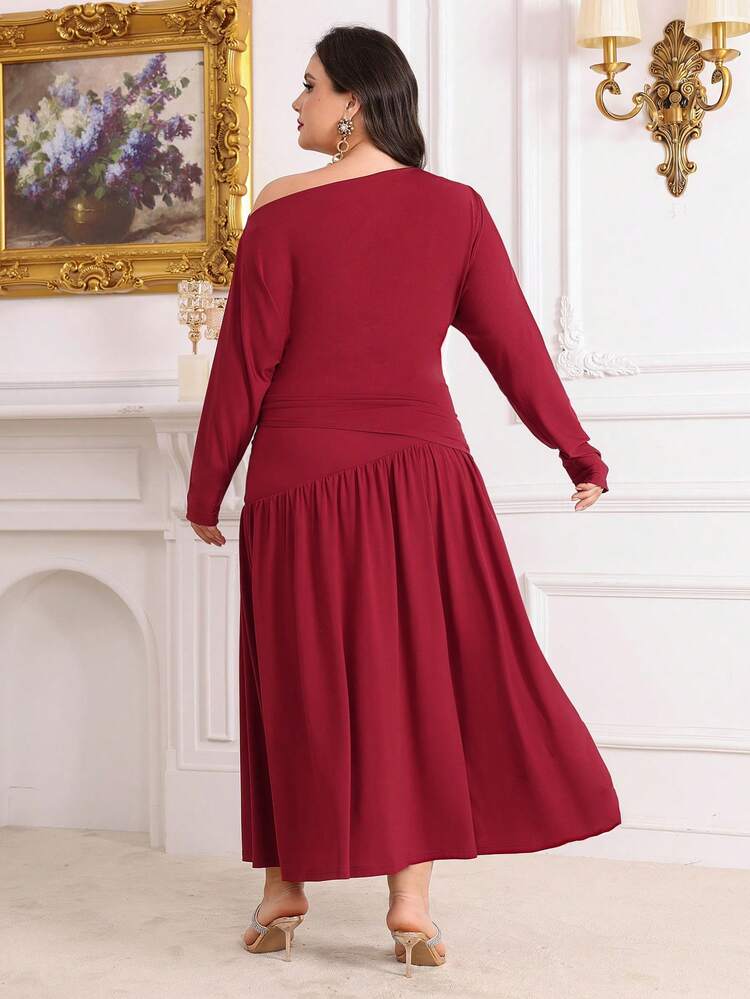Burgundy Red Plus Size Women's Solid Color Long Sleeve Asymmetrical Neckline Top And Ruffled Hem Midi Skirt Set 2 Pieces Set
