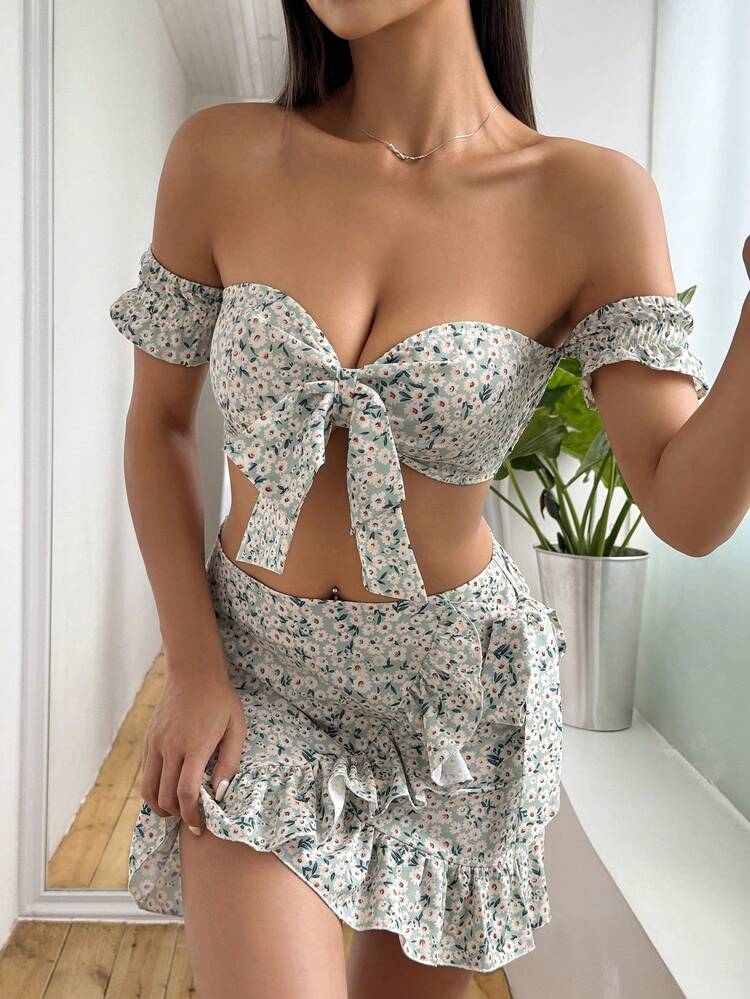 Women's Floral Print Front Knot Off Shoulder Top And Skirt Set