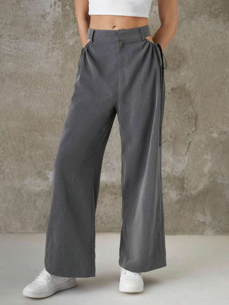 Solid Color Elastic Waist Hollow Out Straight Leg Casual Suit Pants