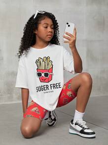 SHEIN Tween Girl Casual Khoai tây chiên kiểu Pháp & Bộ áo ngắn tay in chữ và quần short có đường viền cổ tròn, mùa xuân/hè - Nhiều màu - Xem 2