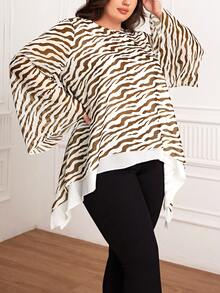 SHEIN Clasi Kích thước lớn In Vòng cổ Tay áo chuông Áo sơ mi - màu nâu - Xem 4