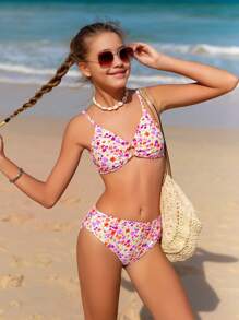 SHEIN Teen Girl Floral Print Ruffled Bikini With Knot Detail, 3pcs/Set Kids Swimming ,Kids Beachwear - Yellow - View 4