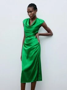 Maija Women's Draped Neck Pure Green Pleated Satin Dress - Green - View 7