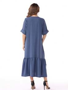 斋月刺绣 V 领宽松拼布褶皱阿拉伯风格连衣裙 Jalabia，传统优雅设计，适合 2025 年春夏