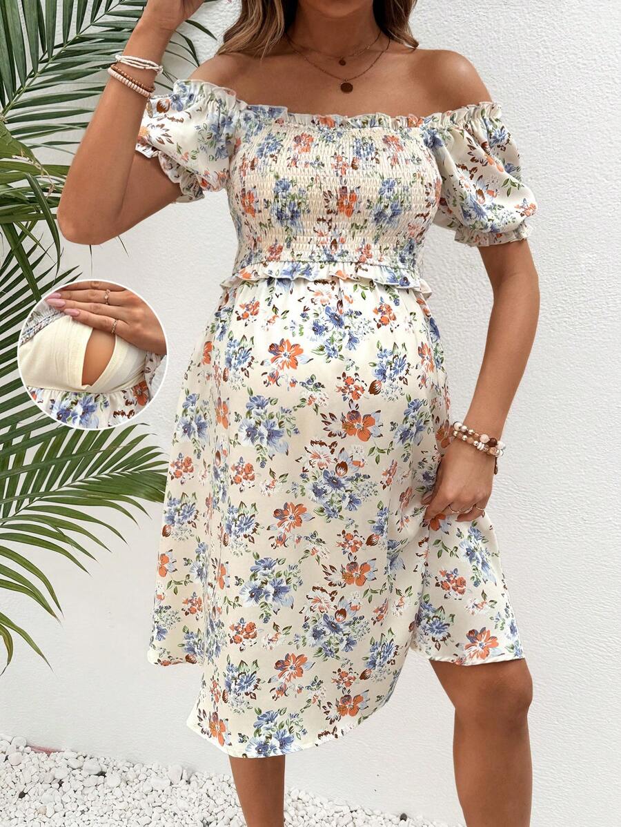 SHEIN Maternity & Nursing Floral Print Off Shoulder Wrap Dress - Multicolor - View 1