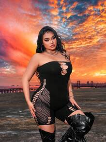 SHEIN SXY Plus Size Spring Summer Sexy Rave Party Music Festival Seamless High Elastic Off The Shoulder Jumpsuit - Black - View 5