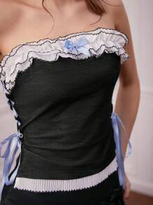 Forever 21 Women's Color Block Crossed Ribbon Strap Peplum Top With Ruffled Hem - Black - View 5