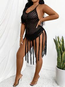 Allurite Plus Size Knitted Halter Neckline Mini Dress With Hollow Out Design, Fringed Hemline And Backless Detail - Black - View 4
