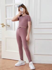 SHEIN Conjunto de pijama tejido para niña adolescente con parte superior de cuello redondo y pantalón de unicolor - Púrpura polvoriento - Ver 3