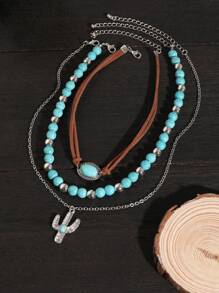 ROMWE Hippie 3 件裝時尚西部牛仔風格綠松石串珠項鍊套裝搭配仙人掌細節 - 彩色 - 查看 2