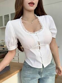 DAZY Camisa De Manga Corta Con Cordones Y Color Sólido Con Ajuste A La Cintura