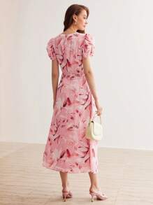 MOTF PREMIUM 絲質全印花v領褶皺泡泡袖連身裙 - 粉色 - 查看 8