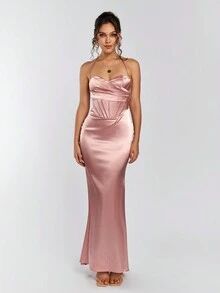 PARTHEA Đầm dự tiệc satin hở vai nhún bèo đuôi cá sang trọng, trang trọng, dự tiệc tốt nghiệp, tiệc tối - Bụi hồng - Xem 6