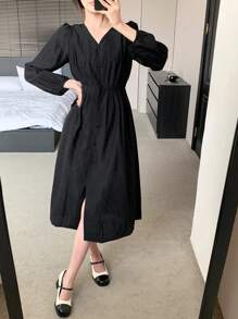 DAZY 女式v領長袖連衣裙 - 黑色 - 查看 1