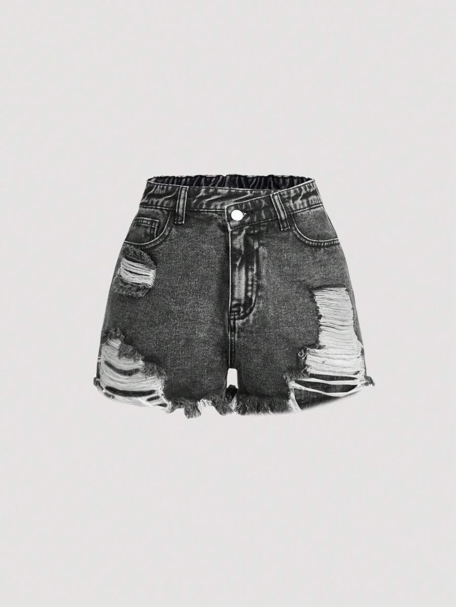 SHEIN Teen Girls' Washed Ripped Distressed Elastic Waist Comfortable Casual Soft Black Denim Shorts For Spring And Summer - Black - View 1