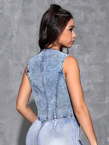 SHEIN EZwear 無袖牛仔扣前小衫,v領設計 - 中等水洗藍 - 查看 2