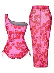 Swim Oasis Plus Size Summer Beach Floral Printed One-Shoulder One-Piece Swimsuit With Matching Cover-Up Skirt, 2pcs/Set - Hot Pink - View 2