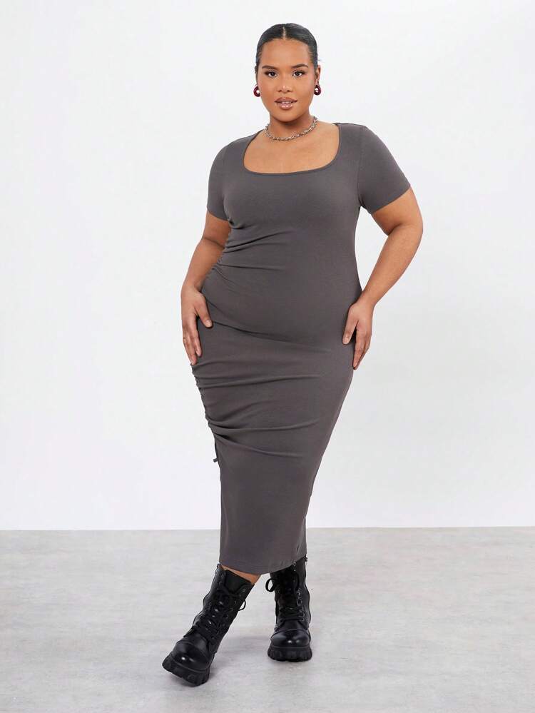 Plus Size Solid Color Slim Fit Sundress With Drawstring And Side Slits