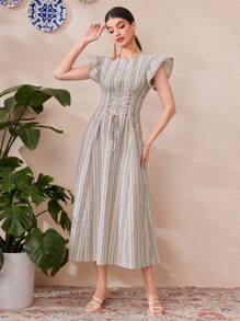 Mulvari 女士條紋十字交叉系腰洋裝 - 彩色 - 查看 7