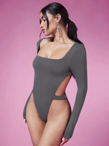 SHEIN BAE 情人節長袖女性方領性感露背連體褲 - 深灰色 - 查看 7