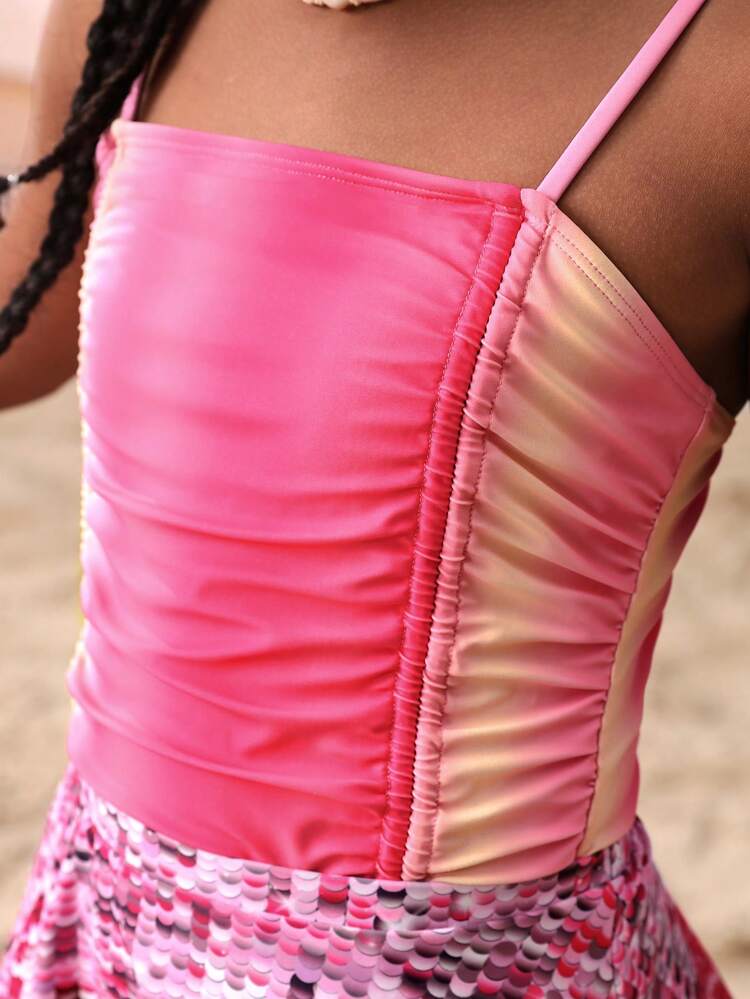 Tween Girls' Ombre Ruffle One-Piece Swimsuit With Glitter Effect Printed Kimono Cover-Up Skirt Summer Swimming,Beach